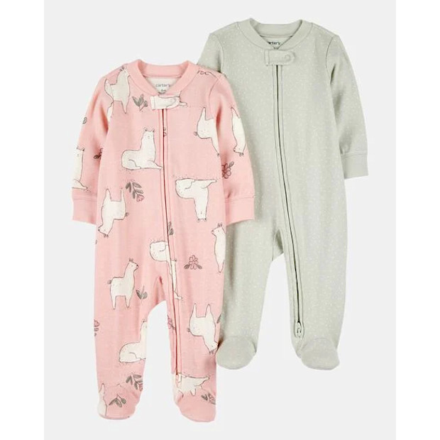 Baby Girl 2-Way Zip Cotton Sleep & Play Pajamas, 2-Pack.