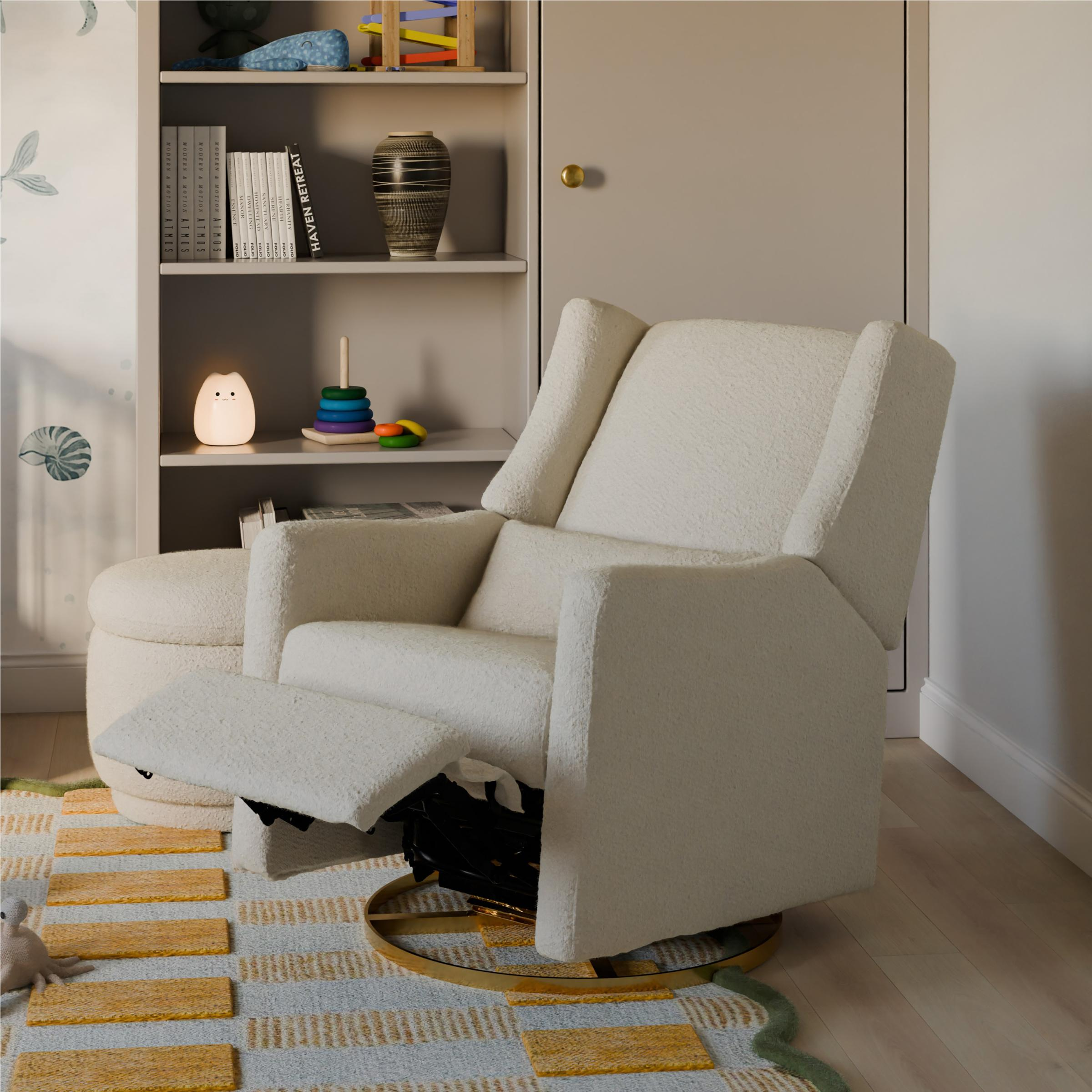 babyletto Kiwi Electronic Recliner and Swivel Glider - Ivory Boucle With Gold Base.