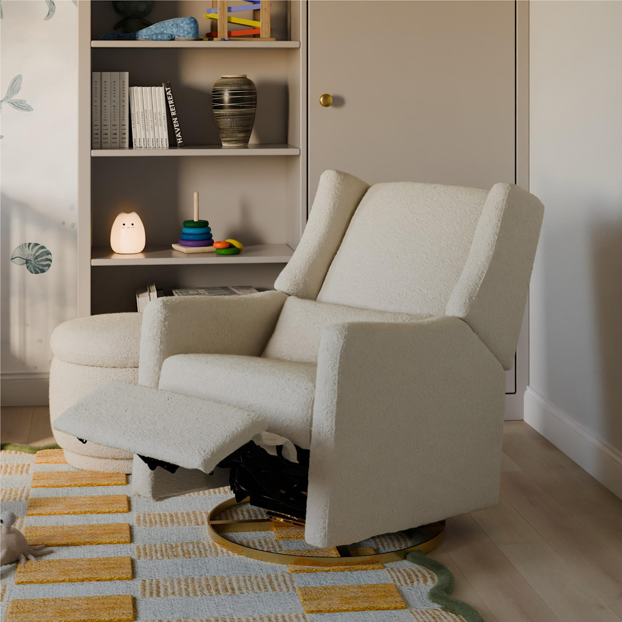 babyletto Kiwi Electronic Recliner and Swivel Glider - Ivory Boucle With Gold Base.