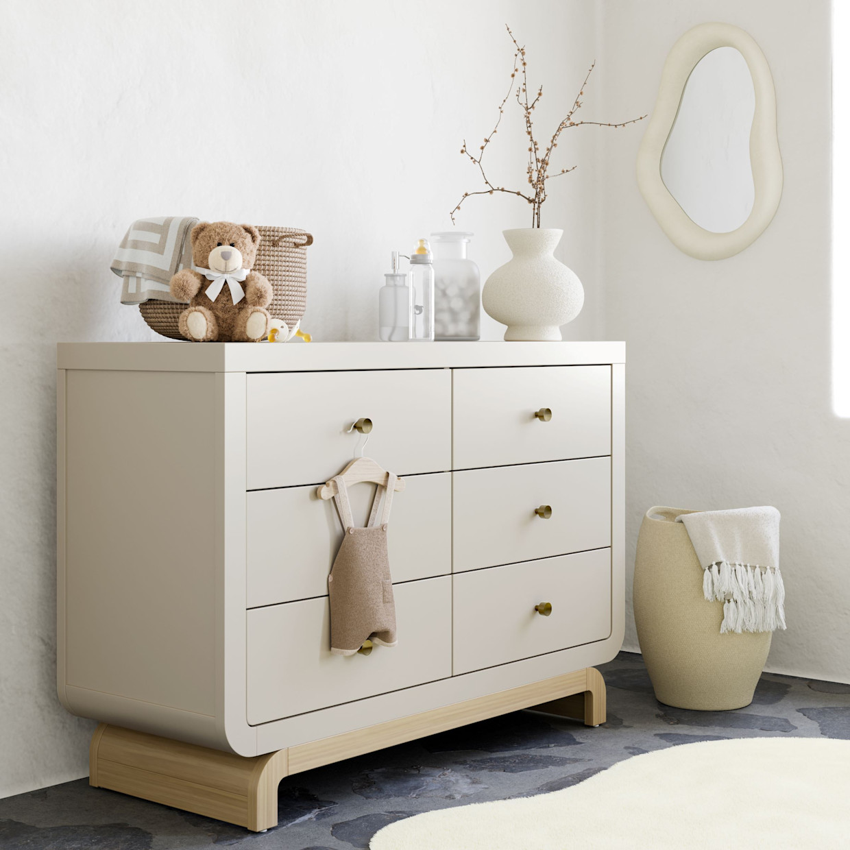 Storkcraft Santorini 6 Drawer Dresser - Frosted Oat With Driftwood.