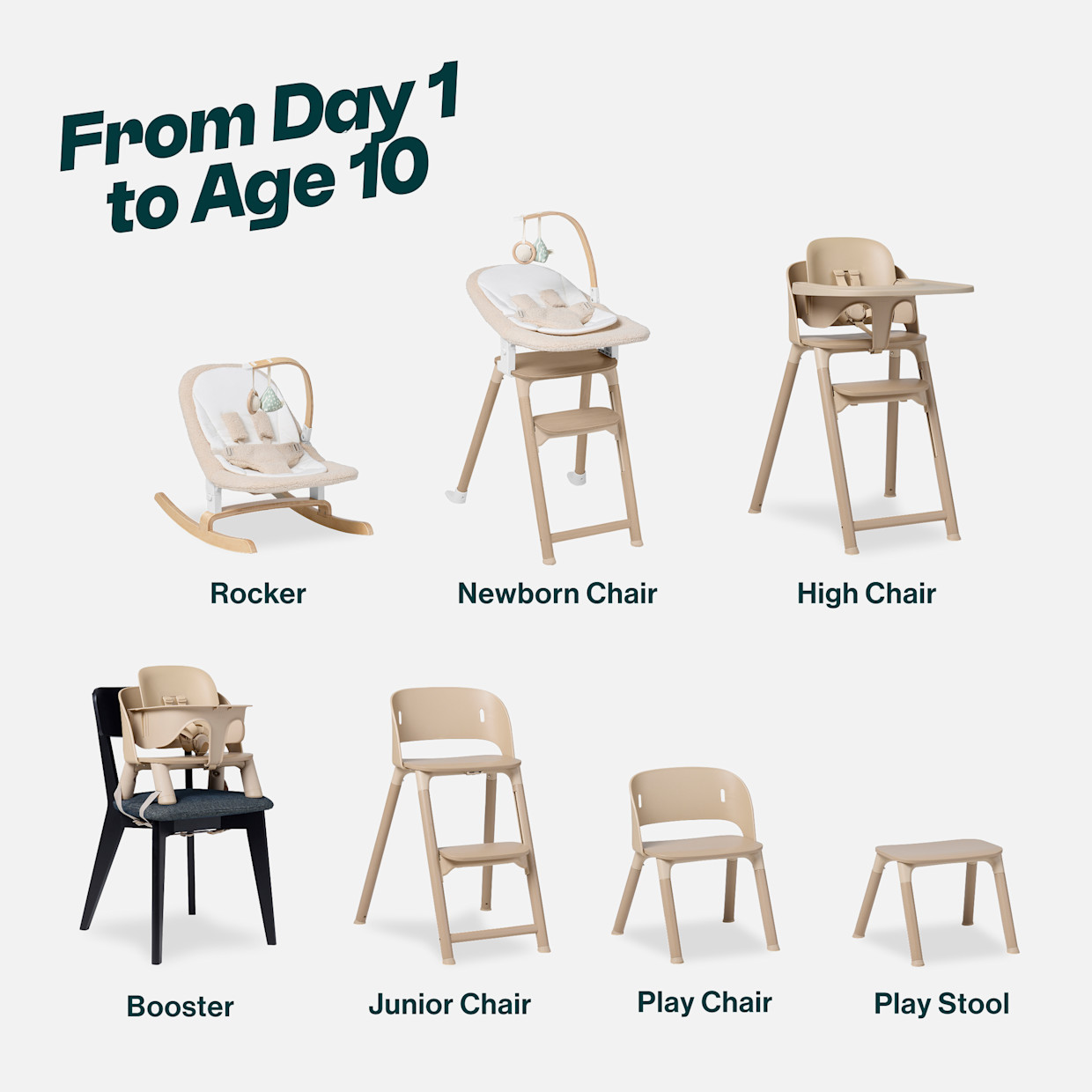 Lalo 7-in-1 High Chair + Newborn Rocker Bundle - Biscotti.