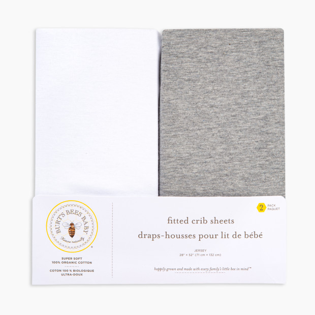 Burt's Bees Baby Organic Cotton Fitted Crib Sheets for Standard Crib and Toddler Mattresses (2 Pack) - Heather Grey/Cloud.