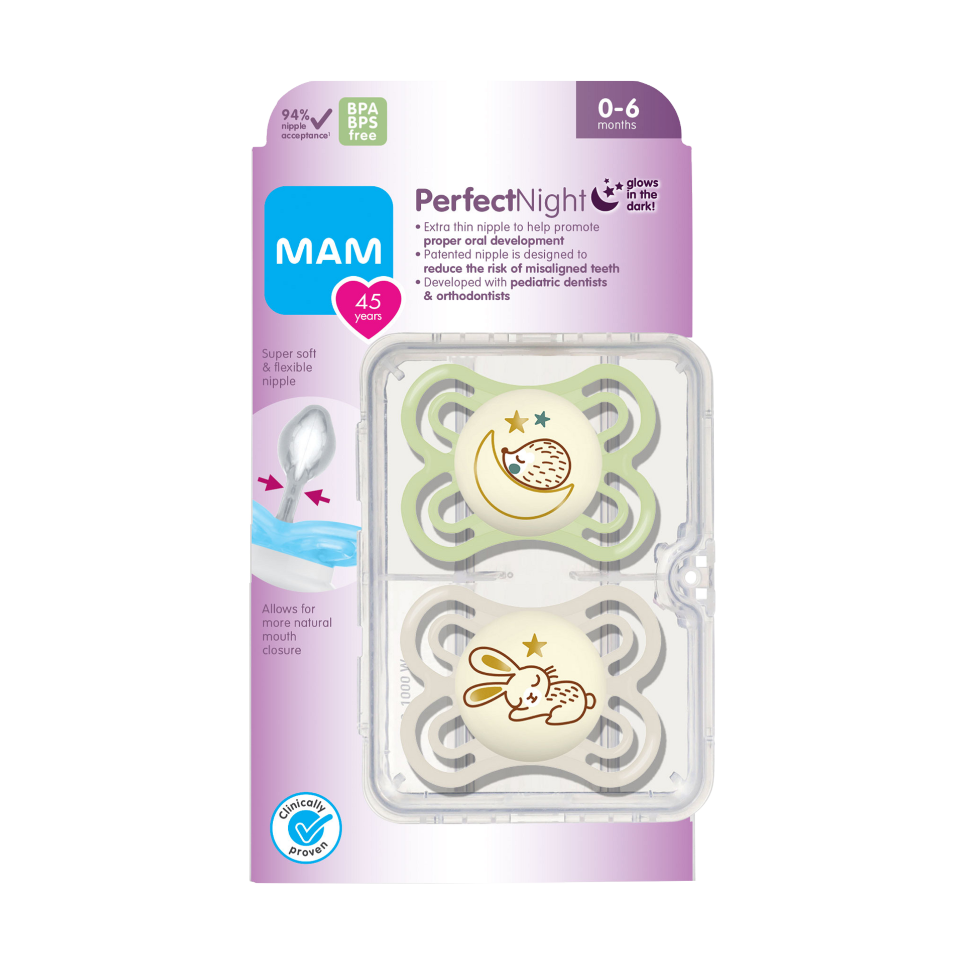 MAM Perfect Night Baby Pacifier, Patented Nipple, Glows in The Dark, 2 Pack, 0-6 Months, Unisex