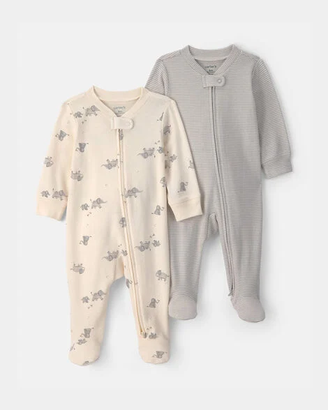 Elephant Striped 2-Way Zip Sleep & Play Pajamas, 2-Pack.