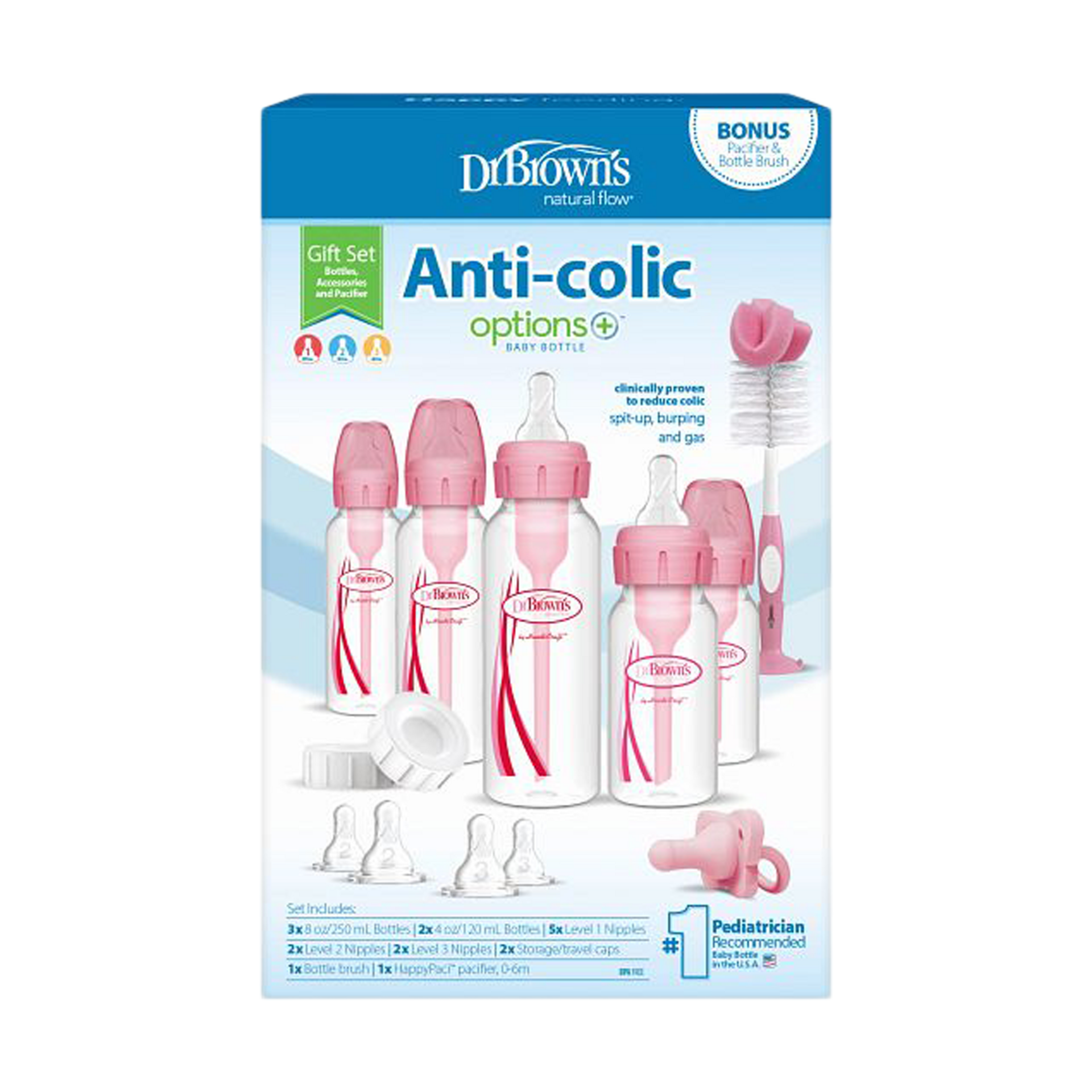 Dr. Brown's Anti-colic Options+ Narrow Baby Bottle Starter Gift Set - Pink.