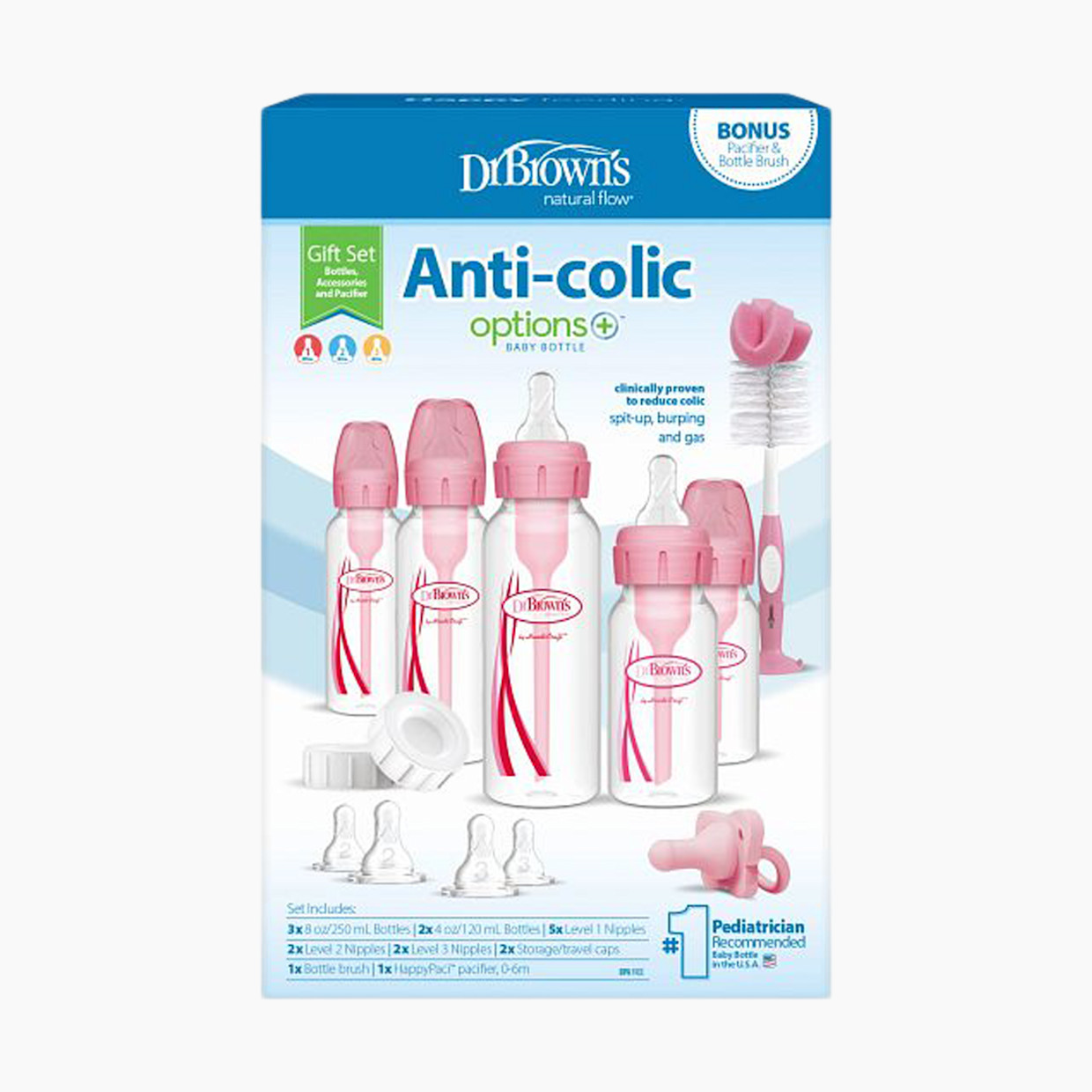 Dr. Brown's Anti-colic Options+ Narrow Baby Bottle Starter Gift Set - Pink.