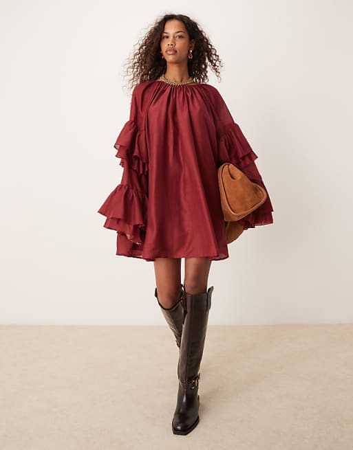 ASOS Design Frill Sleeve Voile Mini Dress In Burgundy.