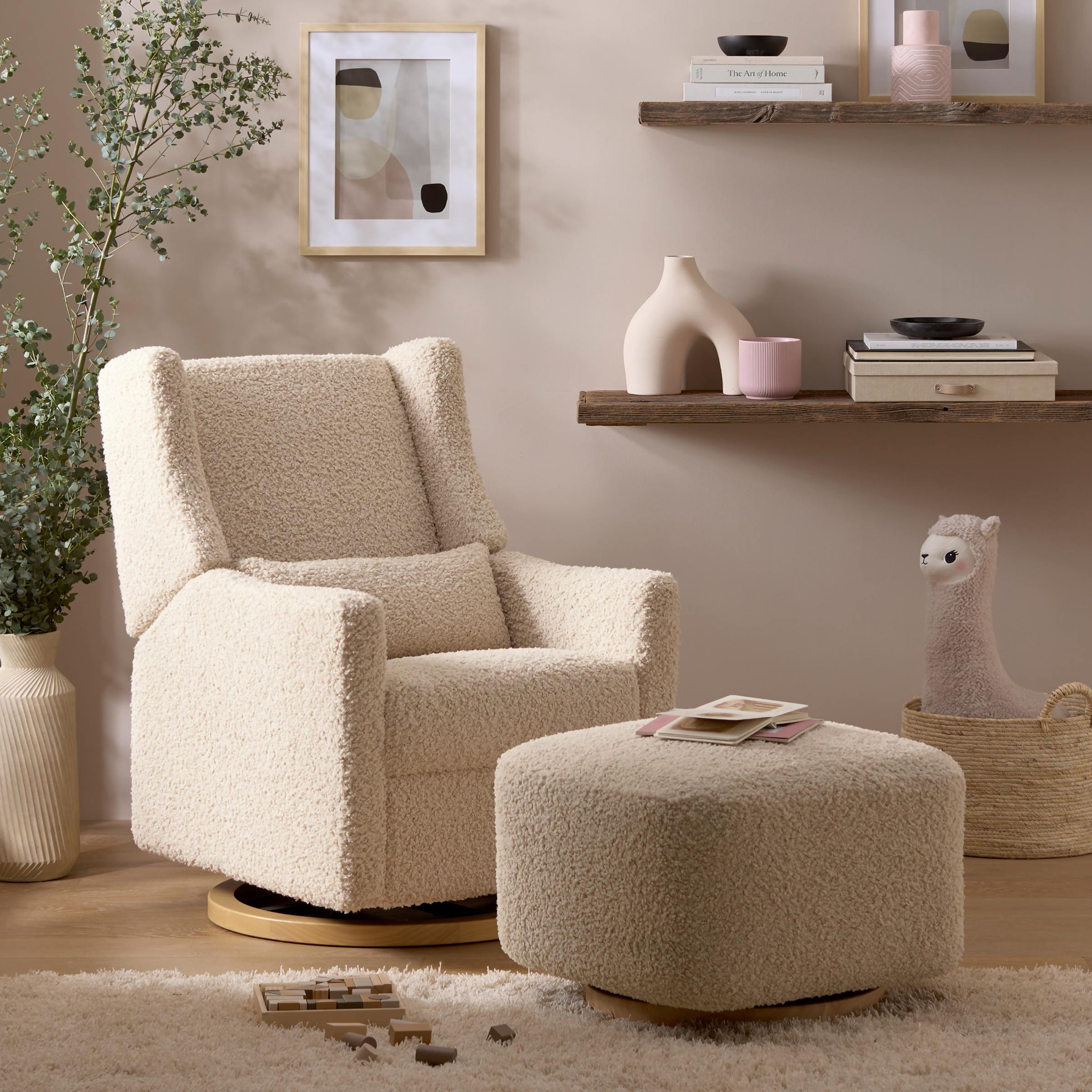 babyletto Kiwi Gliding Ottoman - Almond Teddy Loop With Light Wood Base.