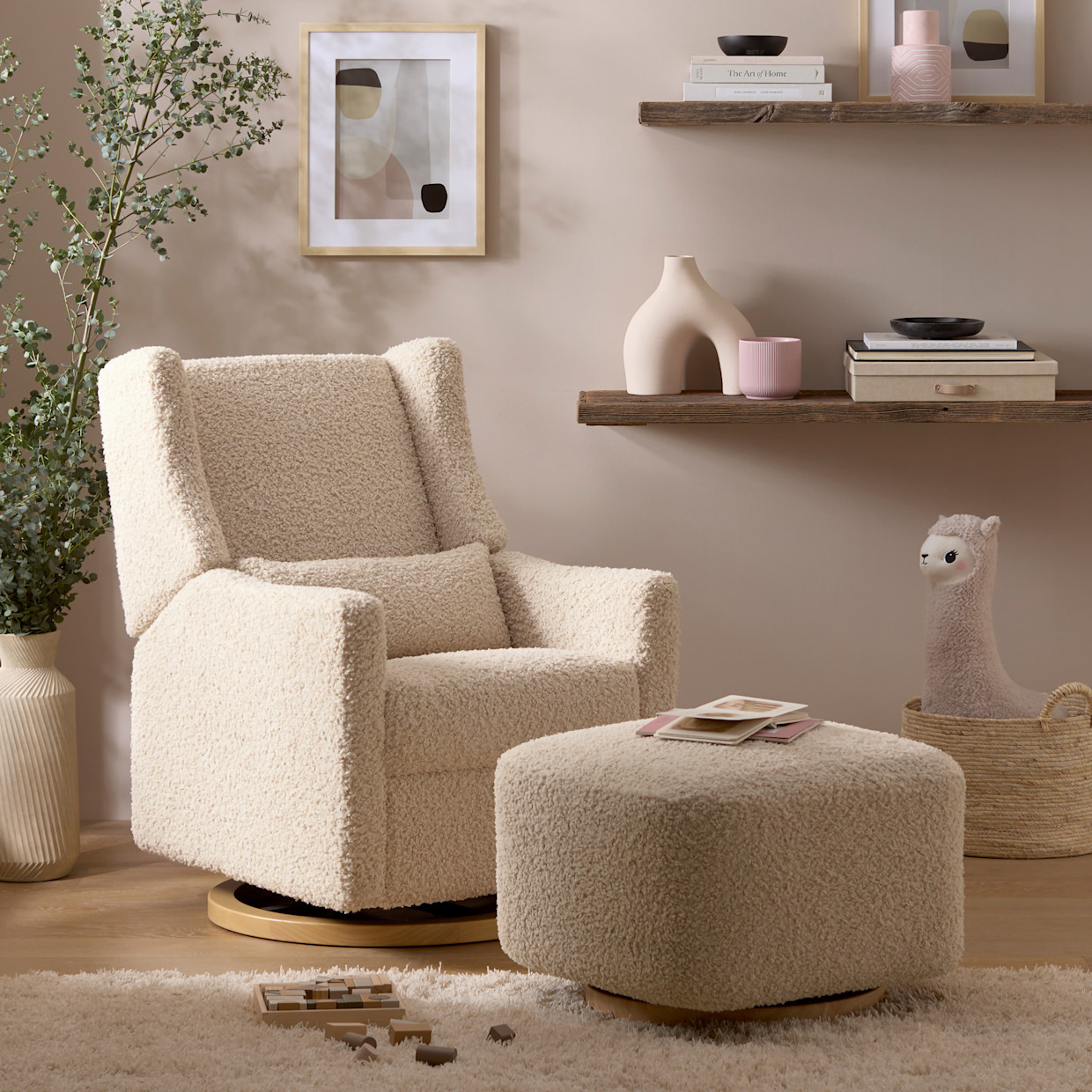 babyletto Kiwi Gliding Ottoman - Almond Teddy Loop With Light Wood Base.