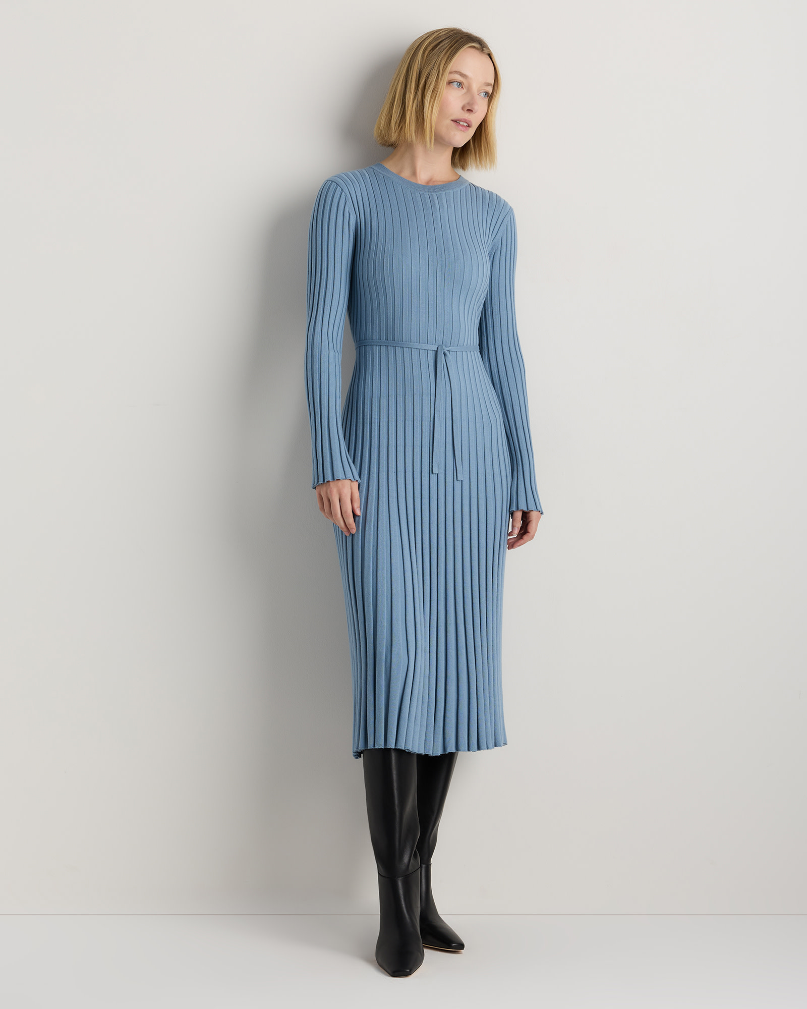 Cotton Cashmere Ribbed Long Sleeve Crew Midi Dress.