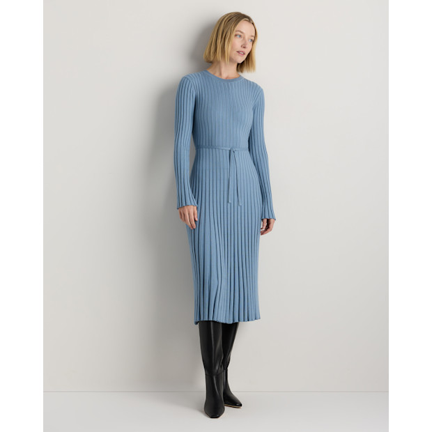 Cotton Cashmere Ribbed Long Sleeve Crew Midi Dress.