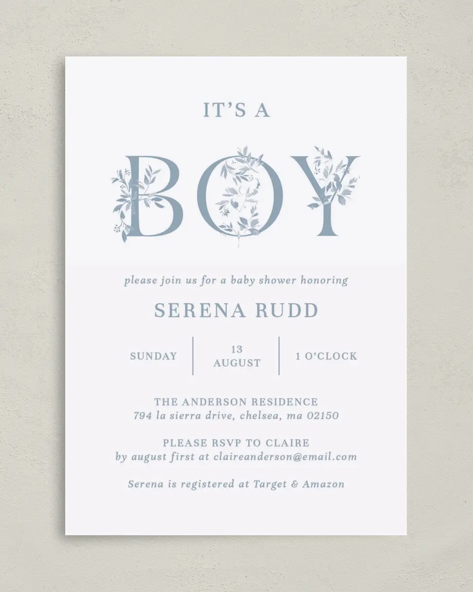 Floral Boy Baby Shower Invitation Cards.