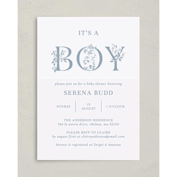 Floral Boy Baby Shower Invitation Cards.