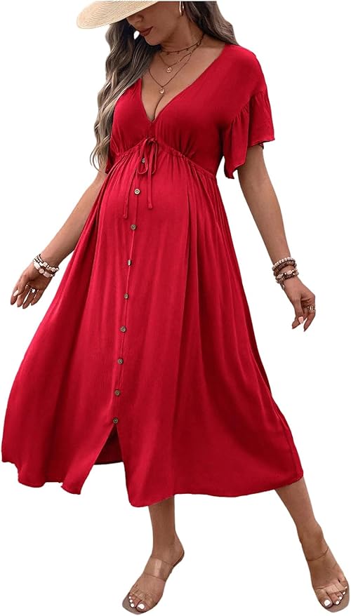 OYOANGLE  Women's Maternity Drawstring Waist Midi Dress.