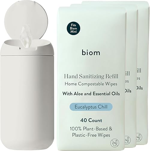 Biom Biodegradable Hand Sanitizing Wipes + Mini Dispenser.