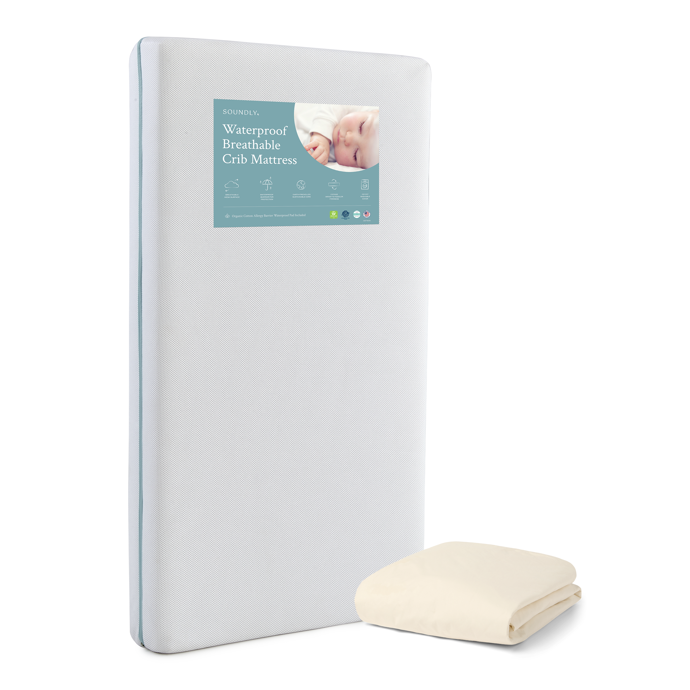 Soundly Waterproof Breathable Crib Mattress with Organic Pad - White