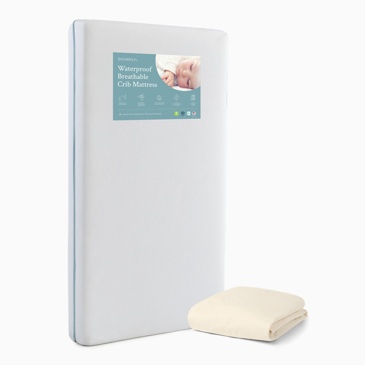 Soundly Waterproof Breathable Crib Mattress with Organic Pad - White.