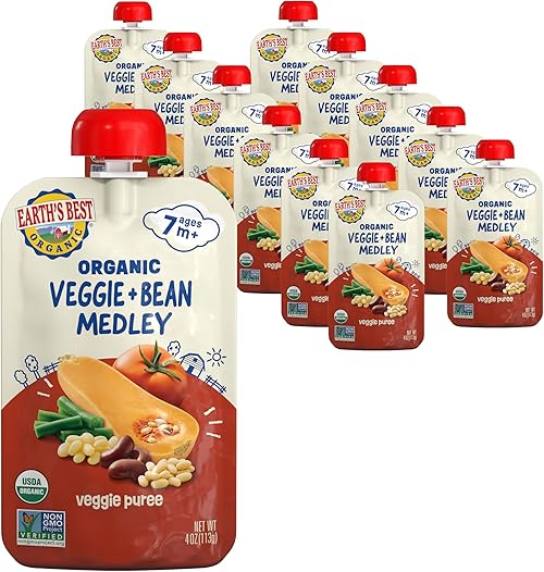 Earth's Best Organic Veggie Puree Veggie + Bean Medley Pouch, 4 oz (12-Pack).