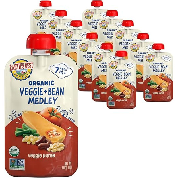 Earth's Best Organic Veggie Puree Veggie + Bean Medley Pouch, 4 oz (12-Pack).