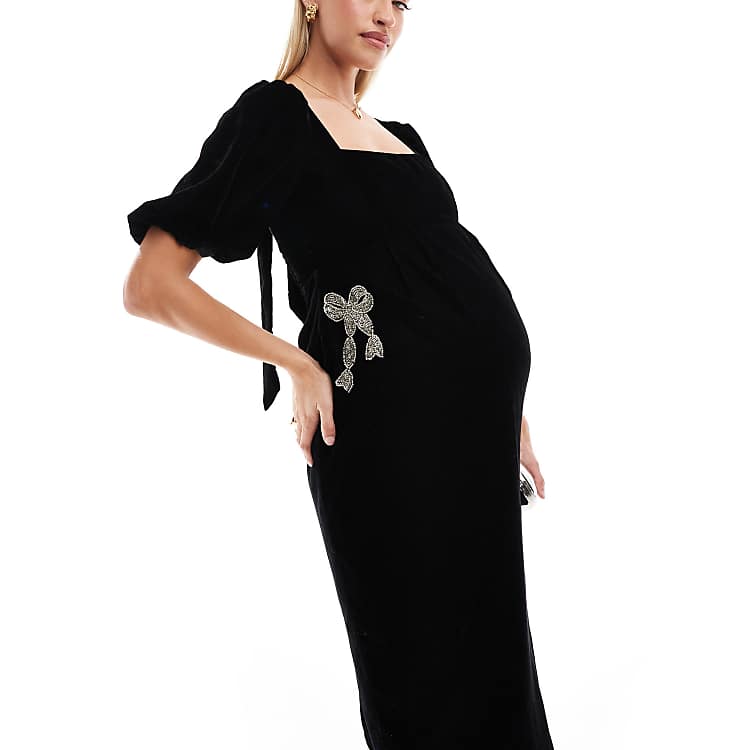 Hope & Ivy Maternity Velvet Square Neck Midi Dress With Embellished Bows In Black.