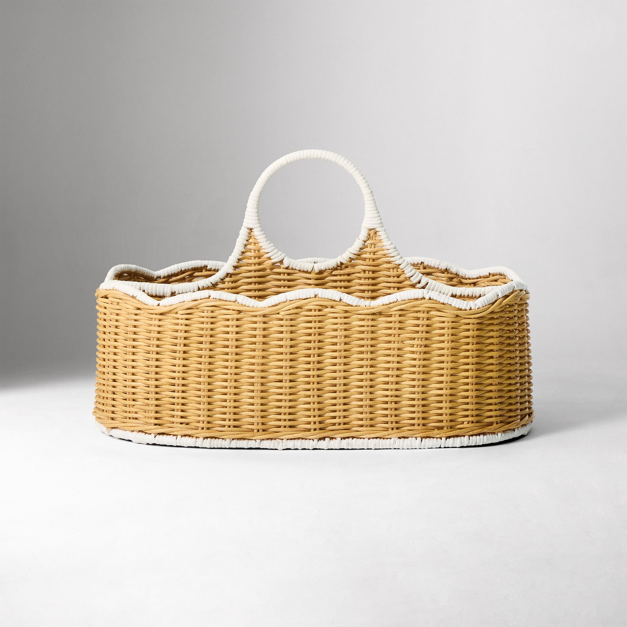 Scallop Rattan Diaper Caddy.