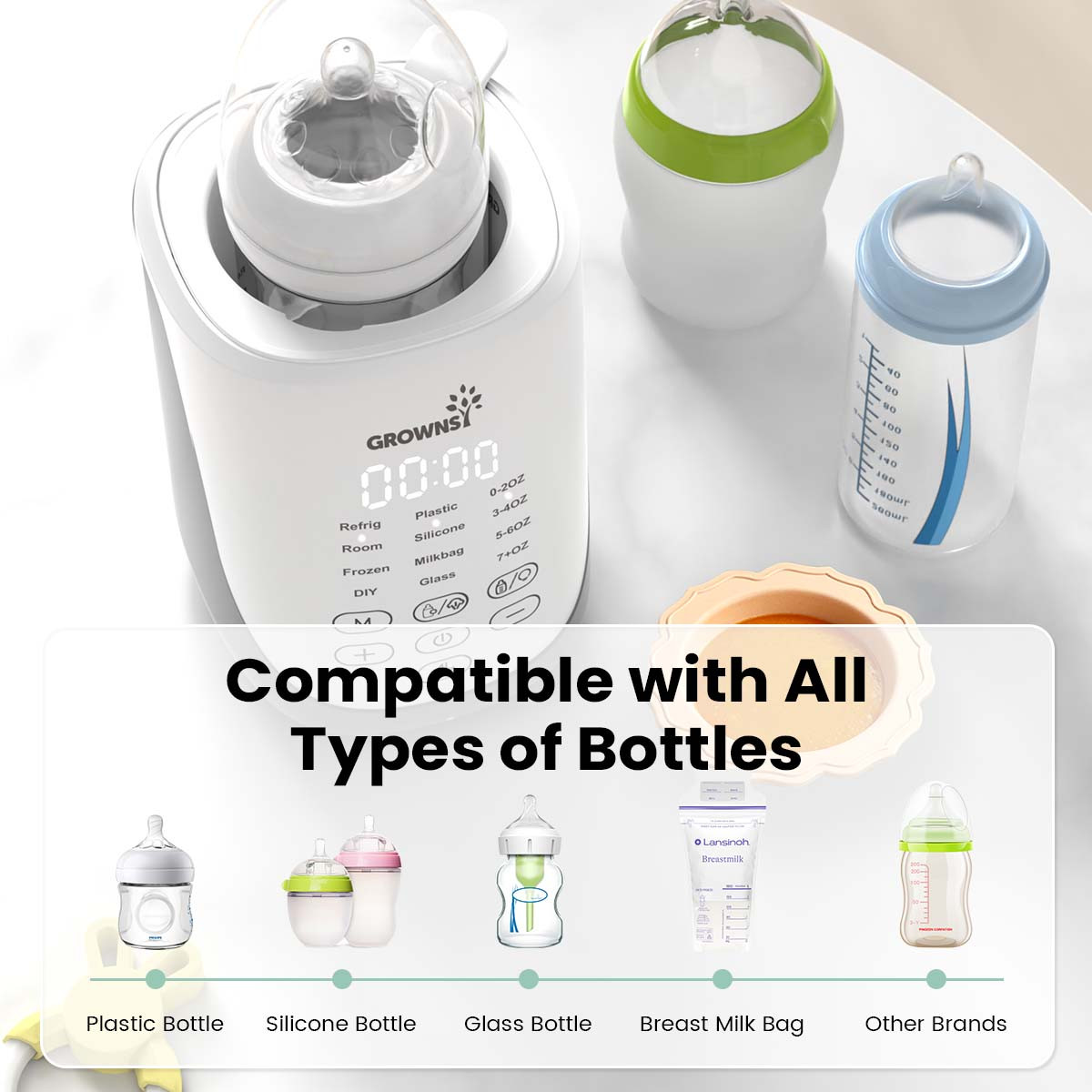 GROWNSY Fast Bottle Warmer with Auto-Lift and Night Light.