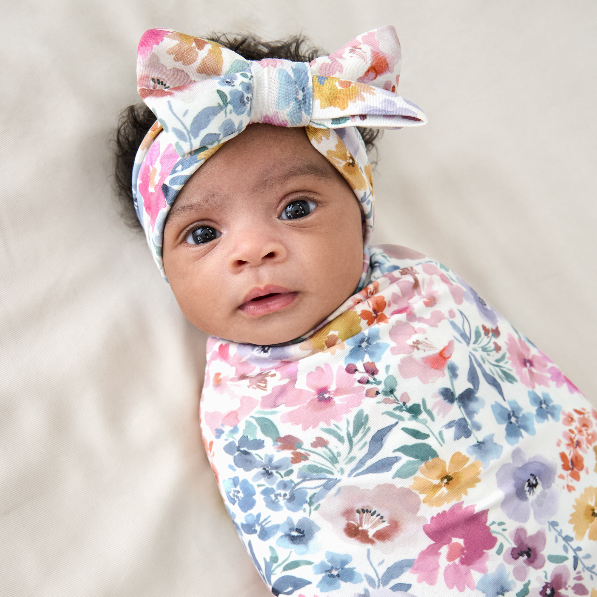 Little Sleepies Swaddle & Luxe Bow Headband Set - Tiny Blooms, One Size.