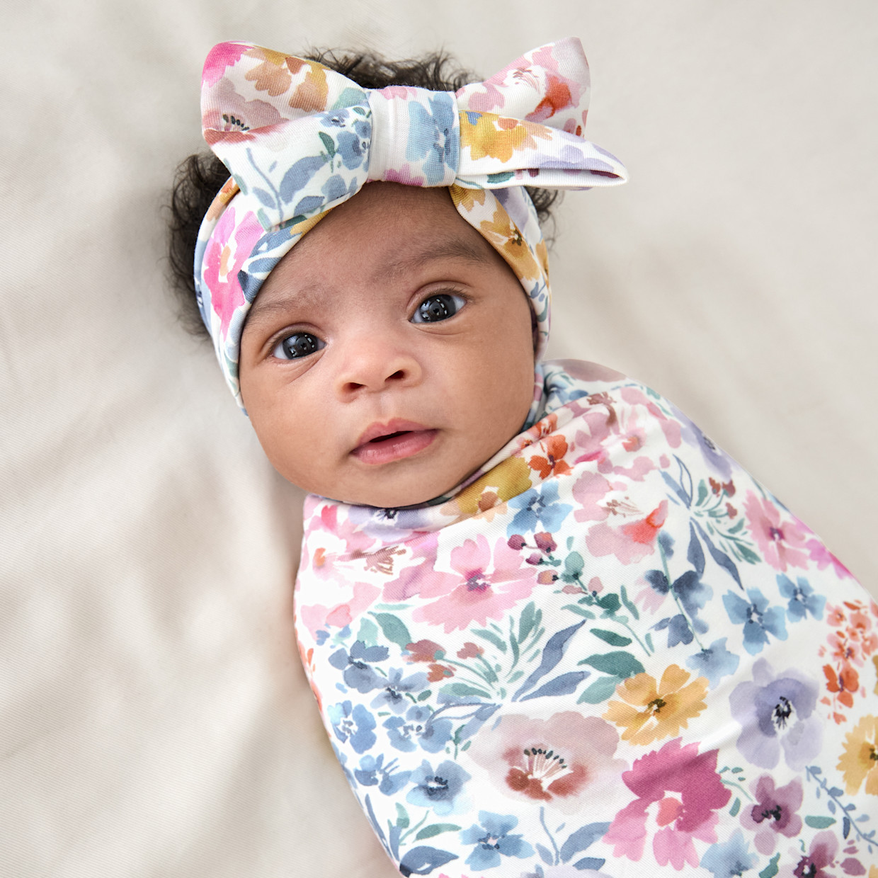 Little Sleepies Swaddle & Luxe Bow Headband Set - Tiny Blooms, One Size.