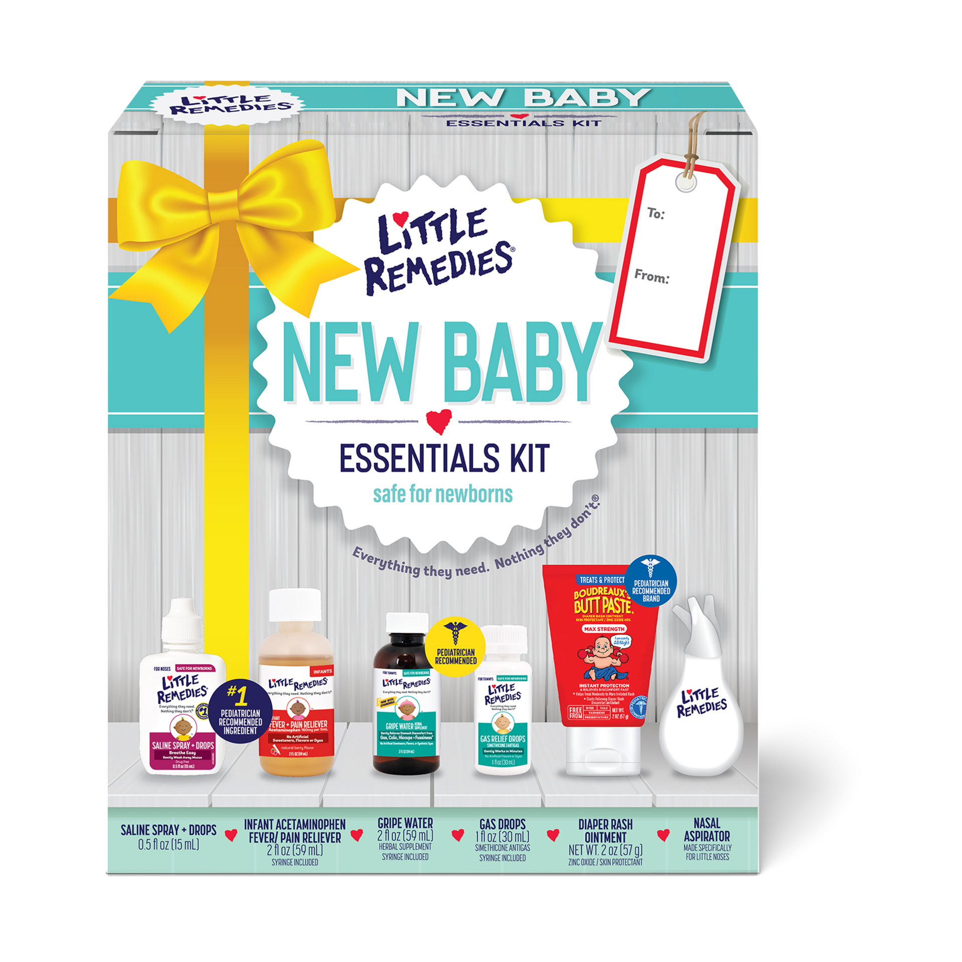 Little Remedies New Baby Essentials Kit with Saline Nasal Spray, Diaper Rash Cream, Gas Relief Drops, Gripe Water & More, Safe for Newborns