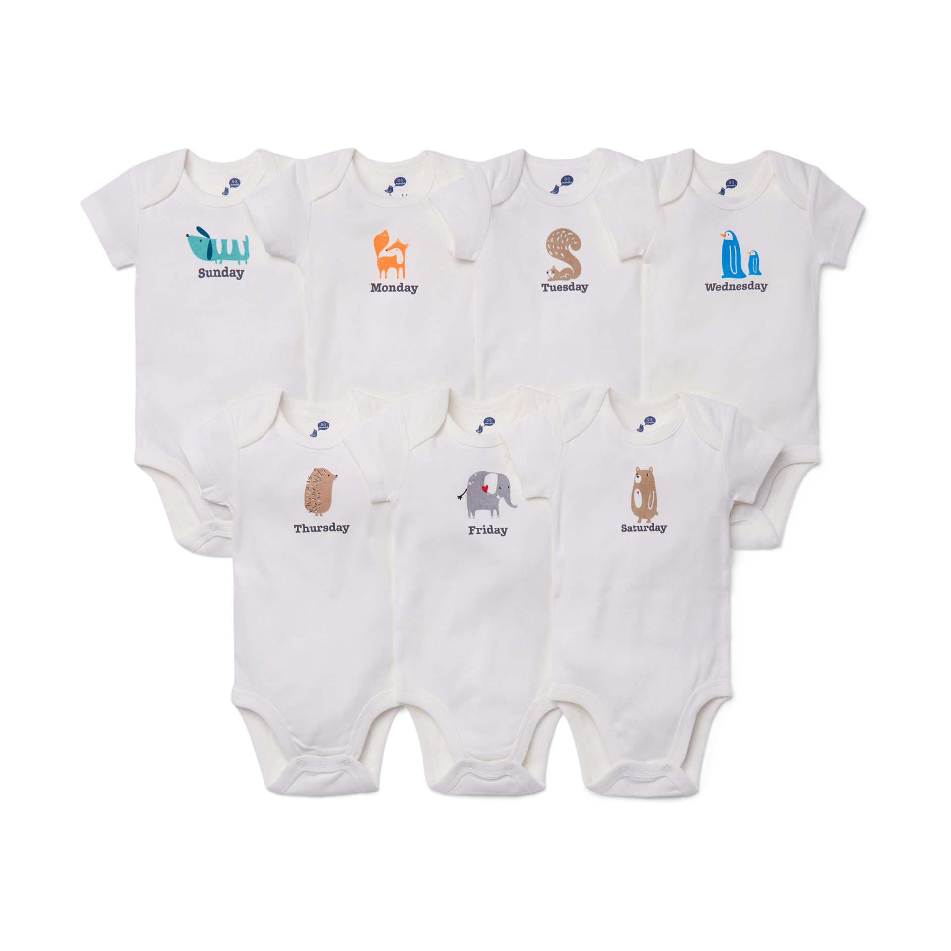 Small Story Days Of The Week Bodysuits (7 Pack) - Animal Friends, 0-3 M.