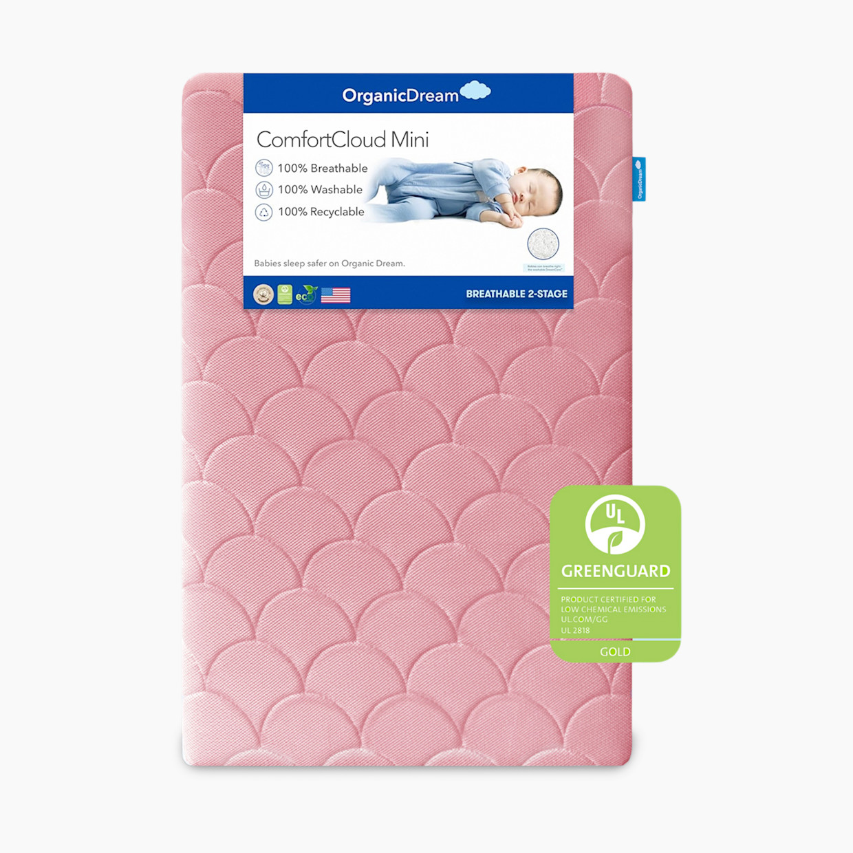 Organic Dream Mini Crib Size ComfortCloud 2-Stage Mattress - Pink, Mini Crib Mattress.