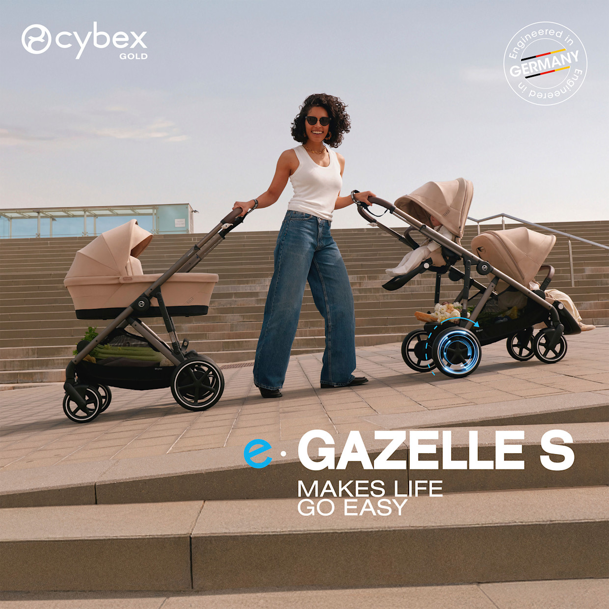 Cybex eGazelle S Stroller + Cloud G Pro Travel System - Taupe Frame/Stormy Blue Seat.