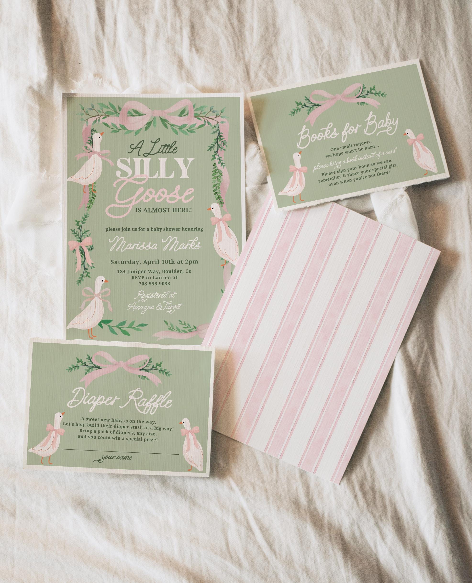 JuniperPlumPaperie Pink Silly Goose Baby Shower Invitation.