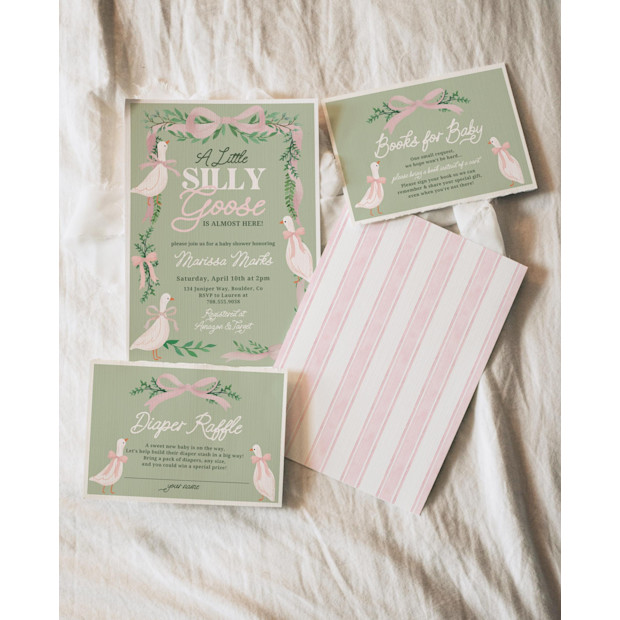 JuniperPlumPaperie Pink Silly Goose Baby Shower Invitation.