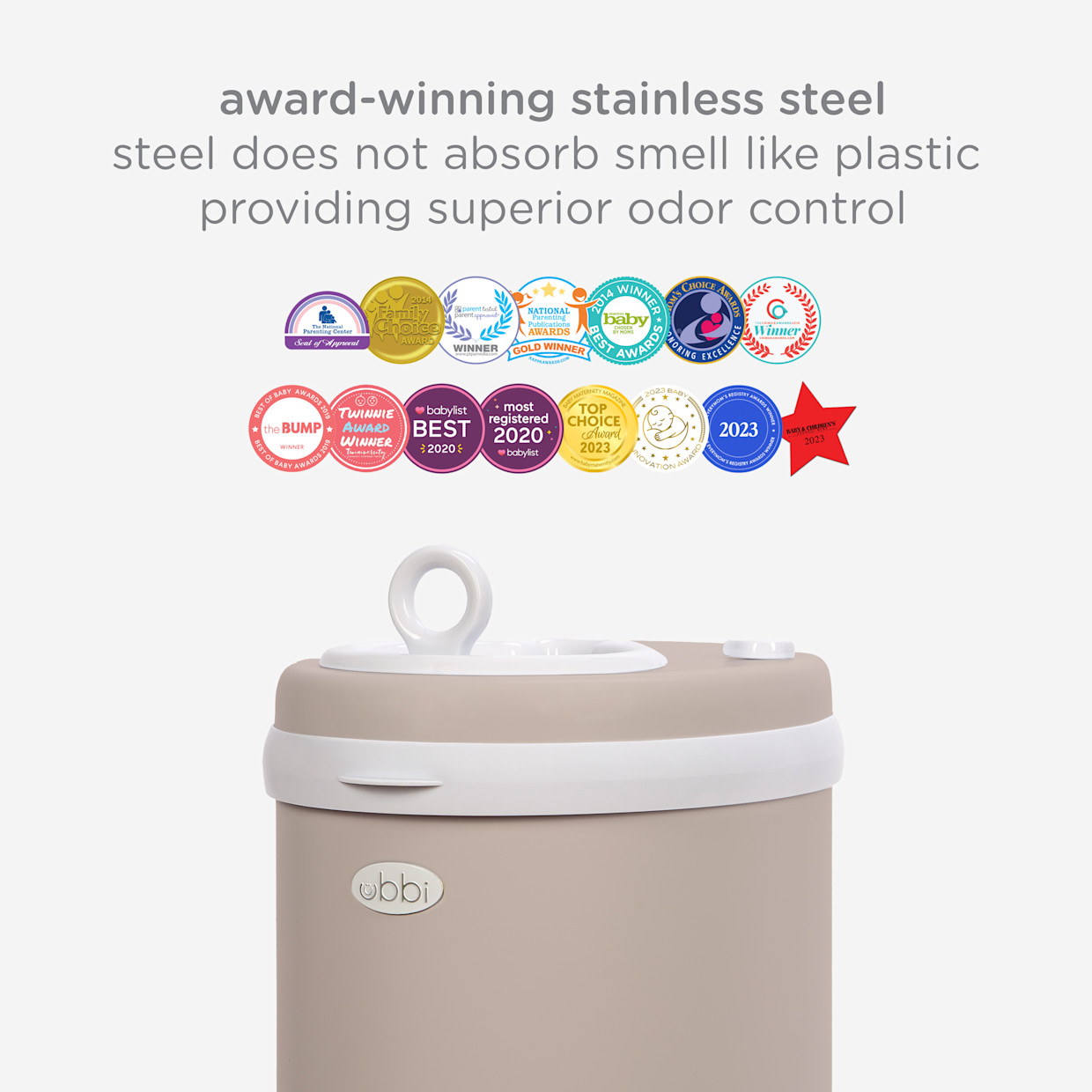 Ubbi Ubbi x Babylist Matte Steel Diaper Pail - Matte Taupe.