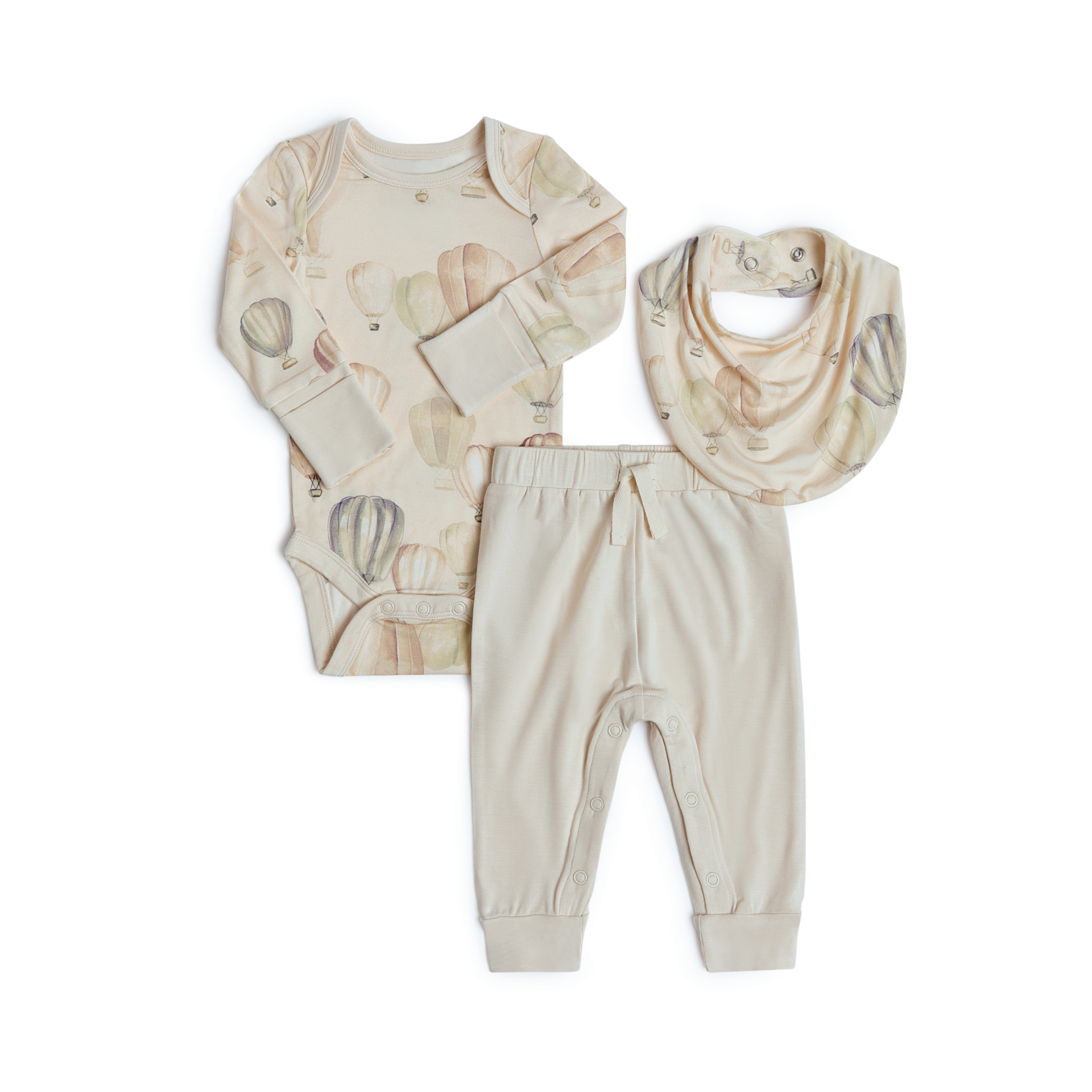 Tiny Kind Bamboo Viscose 3-Piece Outfit Set-Long Sleeve Bodysuit, Pants & Bib - Up Up Away, Nb.