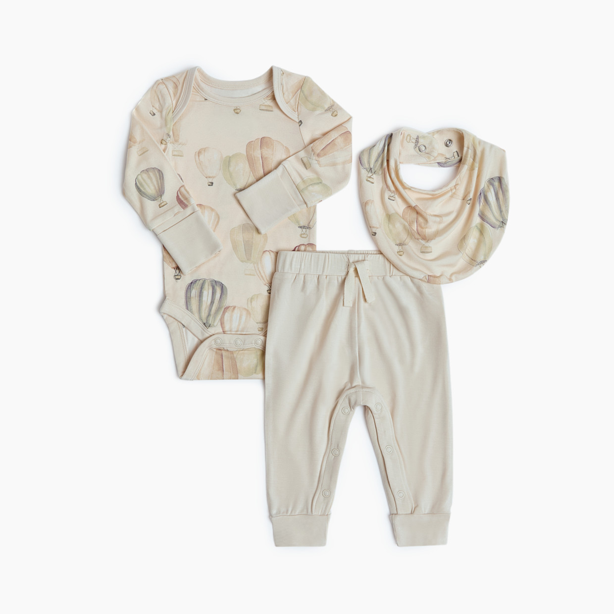 Tiny Kind Bamboo Viscose 3-Piece Outfit Set-Long Sleeve Bodysuit, Pants & Bib - Up Up Away, Nb.