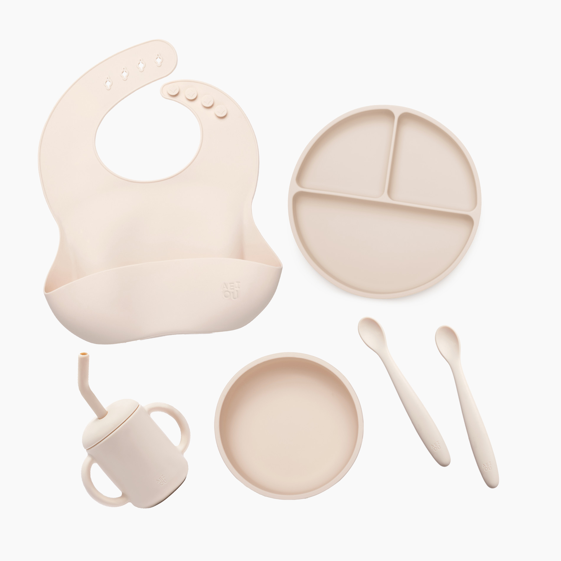 Lalo First Bites Silicone Baby Feeding Set - Baby Led Weaning Supplies -  Non-Toxic Silicone - Includes 2 Bibs, 2 Spoons, Training Cup, Suction Plate