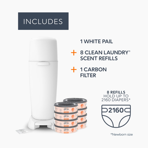 Diaper Genie Complete Diaper Pail Registry Gift Set with 8 Refill Bags - White, Clean Laundry.