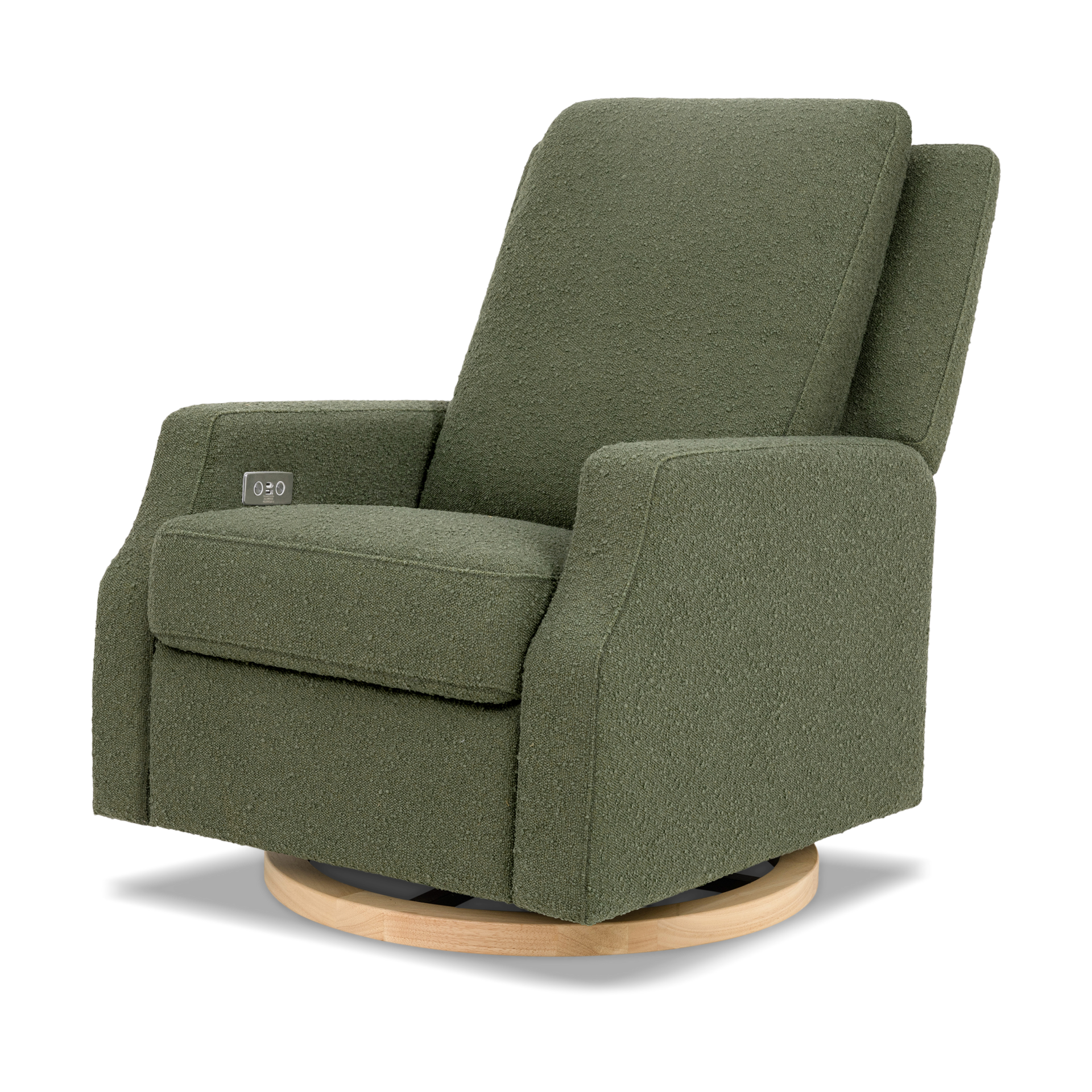 Namesake Crewe Electronic Recliner and Swivel Glider - Olive Boucle With Light Wood Base.