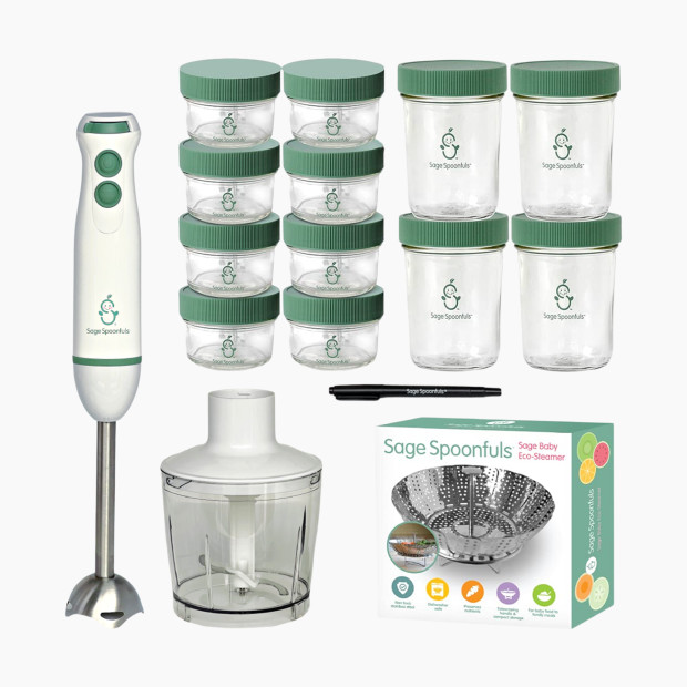Sage Spoonfuls Baby Food Maker and Storage Set with Glass Jars - 17 Piece.