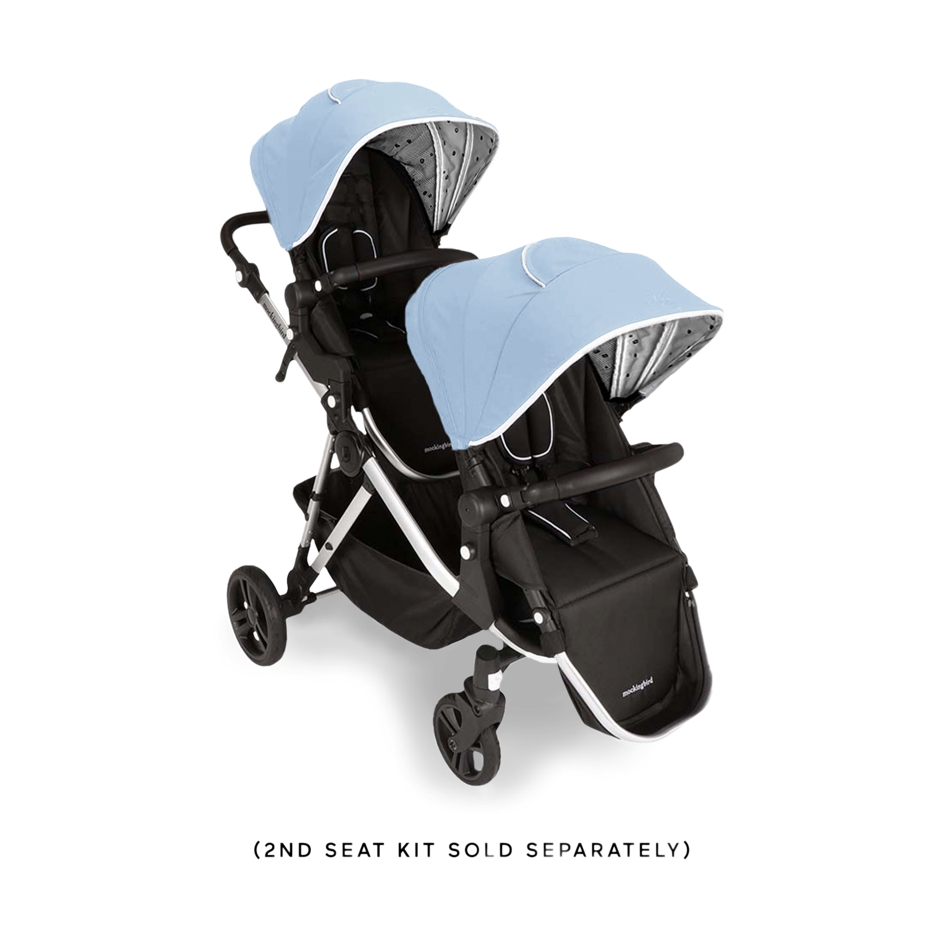 Mockingbird Single-to-Double Stroller 2.0 - Sky/Watercolor Canopy With Black Leather (2020).