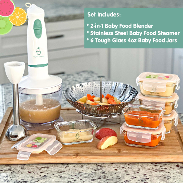 Sage Spoonfuls Baby Food Maker Set with Tough Glass Jars - 10 Piece.