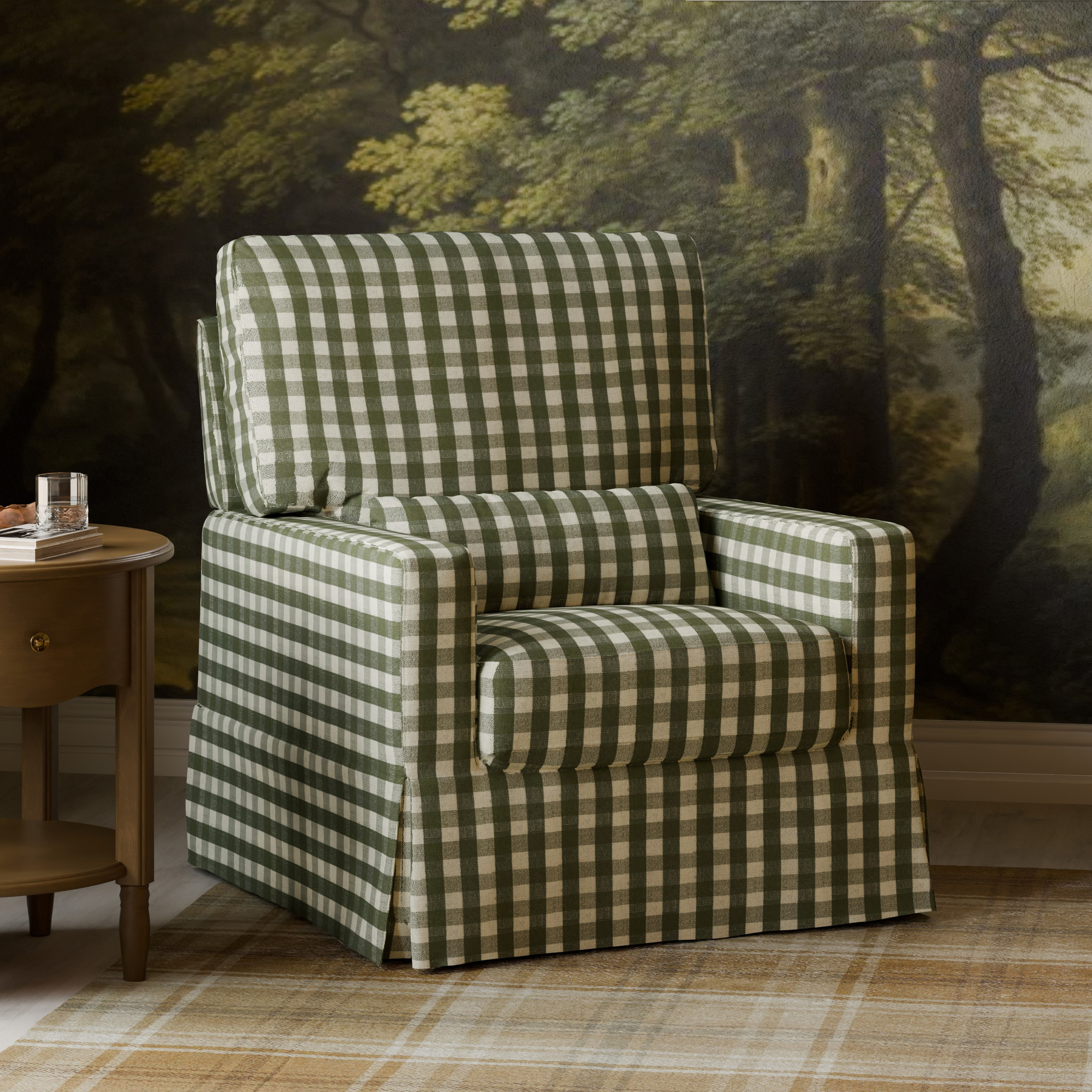 Namesake Crawford Pillowback Comfort Swivel Glider - Moss Green Gingham.