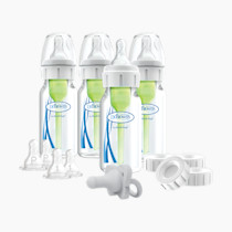 Dr. Brown's Anti-Colic Breast to Bottle Feeding Set with Slow Flow Nipples, Travel Caps, and Silicone Pacifier - Gray