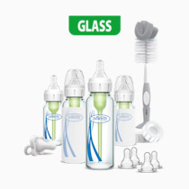 Dr. Brown's Anti-Colic Options+ Narrow Glass Baby Bottle Starter Set with Silicone Bottle Sleeves, Levels 1, 2, and 3 Nipples, Soft Touch Cleaning Brush, Storage/Travel Caps, and HappyPaci