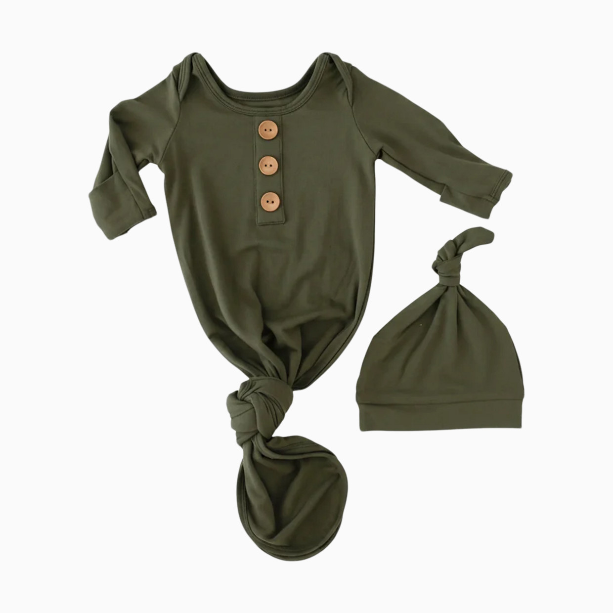 Caden Lane Bamboo Baby Knot Gown & Hat - Solid Olive, Newborn.