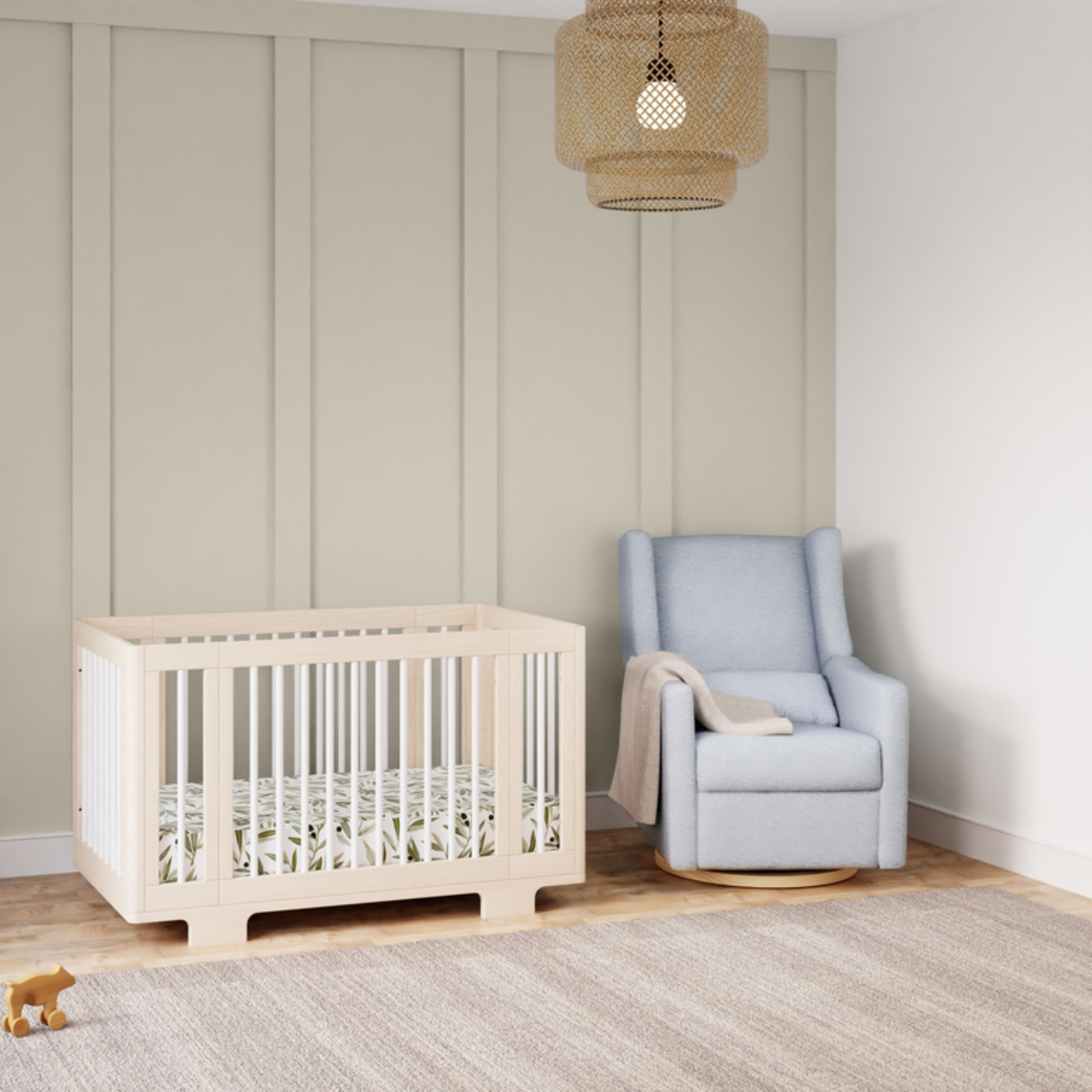 babyletto Kiwi Electronic Recliner and Swivel Glider - Performance Blue Chambray Eco-Twill With Light Wood Base.