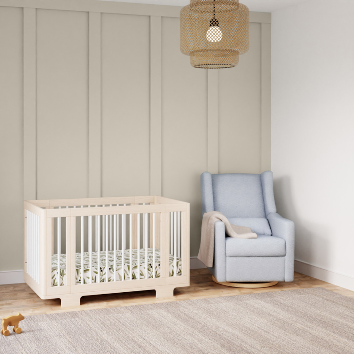 babyletto Kiwi Electronic Recliner and Swivel Glider - Performance Blue Chambray Eco-Twill With Light Wood Base.