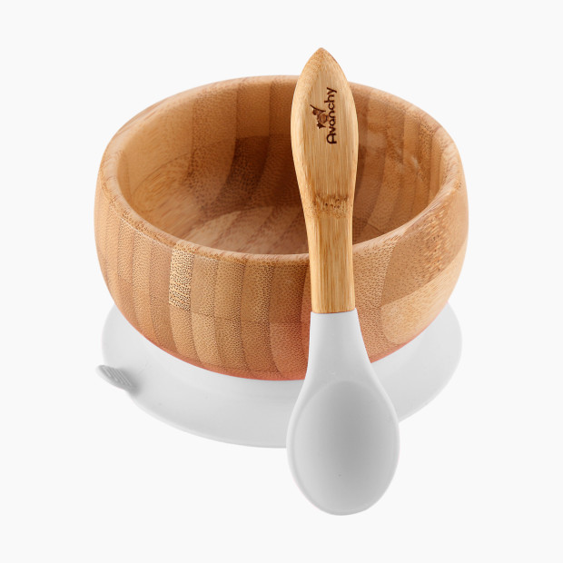 Avanchy Bamboo Suction Baby Bowl + Spoon - White.
